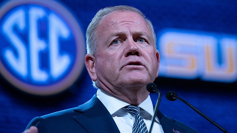 LSU Head Coach Brian Kelly addresses the media at the 2023 SEC Football Kickoff Media Days at the Nashville Grand Hyatt on Broadway, Monday, July 17, 2023.