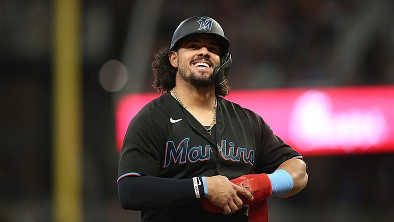 Sep 10, 2021; Atlanta, Georgia, USA; Miami Marlins catcher Jorge Alfaro (38) shows emotion against the Atlanta Braves in the third inning at Truist Park. Mandatory Credit: Brett Davis-USA TODAY Sports