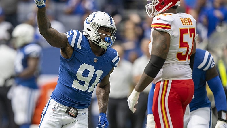 Sep 25, 2022; Indianapolis, Indiana, USA; Indianapolis Colts defensive end Yannick Ngakoue (91) celebrates sacking Kansas City Chiefs quarterback Patrick Mahomes (not pictured) during the second quarter at Lucas Oil Stadium. Mandatory Credit: Marc Lebryk-USA TODAY Sports