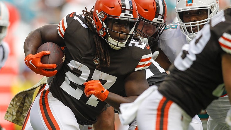 Nov 13, 2022; Miami Gardens, Florida, USA; Cleveland Browns running back Kareem Hunt (27) runs with the football during the second quarter against the Miami Dolphins at Hard Rock Stadium. Mandatory Credit: Sam Navarro-USA TODAY Sports