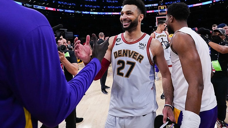 May 22, 2023; Los Angeles, California, USA; Denver Nuggets guard Jamal Murray (27) reacts to beating the Los Angeles Lakers in game four of the Western Conference Finals for the 2023 NBA playoffs at Crypto.com Arena. Mandatory Credit: Kirby Lee-USA TODAY Sports
