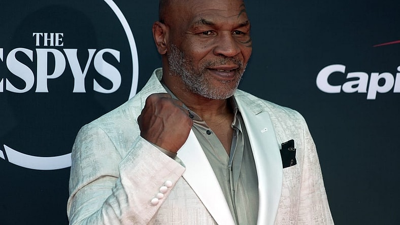 Jul 12, 2023; Los Angeles, CA, USA; Mike Tyson arrives on the red carpet before the 2023 ESPYS at the Dolby Theatre. Mandatory Credit: Kirby Lee-USA TODAY Sports