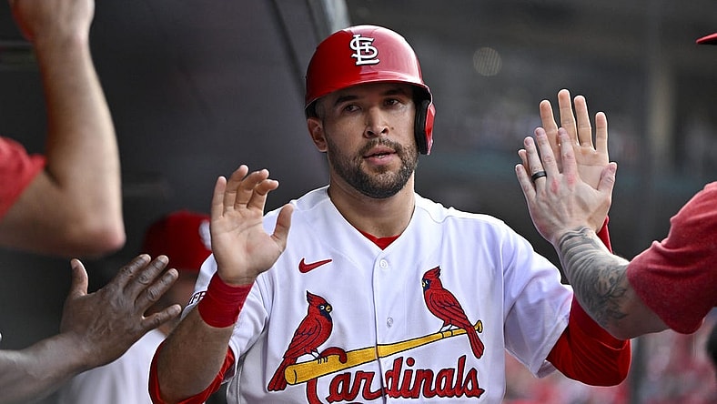 Jul 17, 2023; St. Louis, Missouri, USA; St. Louis Cardinals center fielder Dylan Carlson (3) is congaratulated by teammates after scoring against the Miami Marlins during the third inning at Busch Stadium. Mandatory Credit: Jeff Curry-USA TODAY Sports