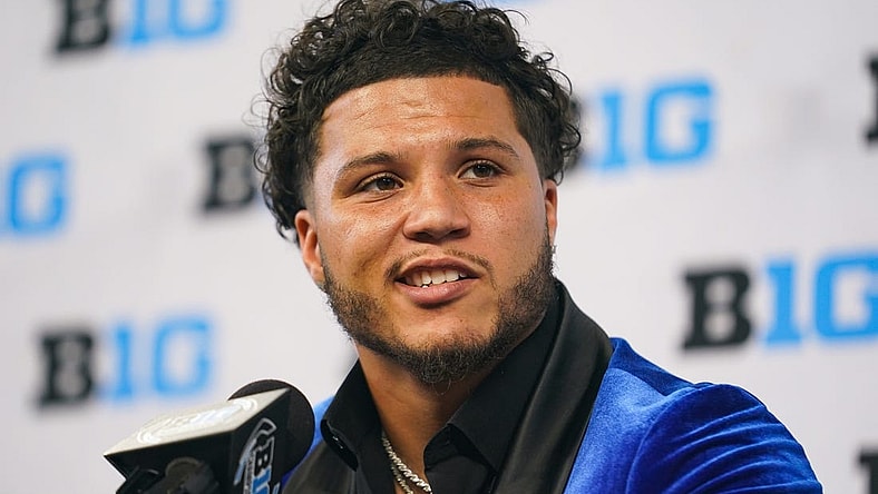 Jul 27, 2023; Indianapolis, IN, USA;  Michigan Wolverines running back Blake Corum speaks to the media during the Big 10 football media day at Lucas Oil Stadium. Mandatory Credit: Robert Goddin-USA TODAY Sports