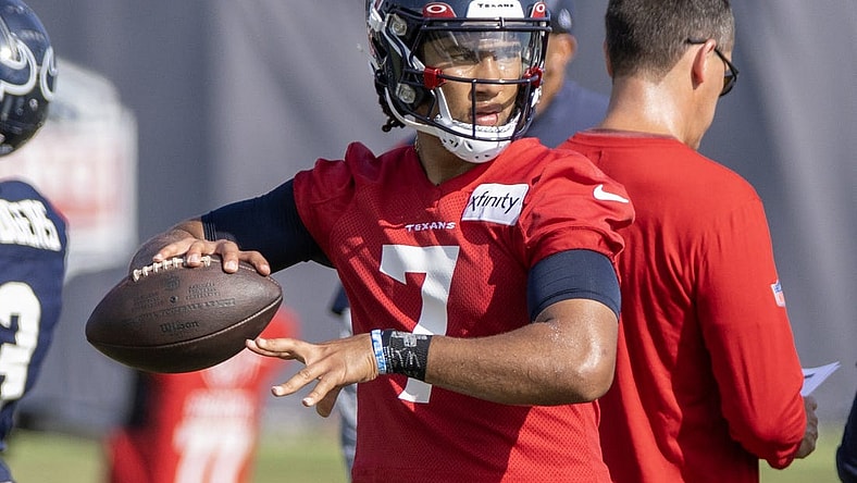 Jul 28, 2023; Houston, TX, USA; Houston Texans quarterback C.J. Stroud (7) drops back to pass during training camp at the Houston Methodist Training Center. Mandatory Credit: Thomas Shea-USA TODAY Sports