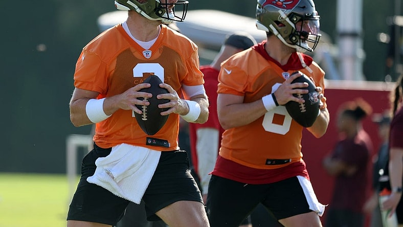 Jul 30, 2023; Tampa, FL, USA; Tampa Bay Buccaneers quarterback Kyle Trask (2) and Tampa Bay Buccaneers quarterback Baker Mayfield (6) work out during training camp at AdventHealth Training Center. Mandatory Credit: Kim Klement-USA TODAY Sports