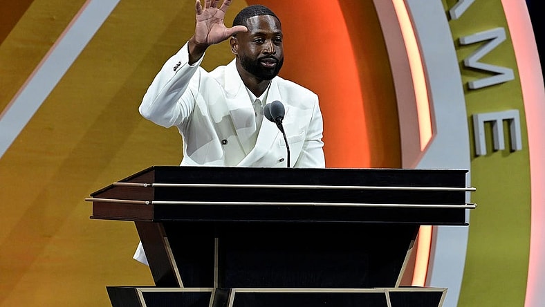 Aug 12, 2023; Springfield, MA, USA; Dwyane Wade gives his speech as he is inducted into the 2023 Basketball Hall of Fame at Symphony Hall. Mandatory Credit: Eric Canha-USA TODAY Sports