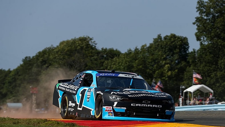 Aug 19, 2023; Watkins Glen, New York, USA; NASCAR Xfinity Series driver Sam Mayer (1) races during the Shriners Children   s 200 at Watkins Glen International. Mandatory Credit: Matthew O'Haren-USA TODAY Sports