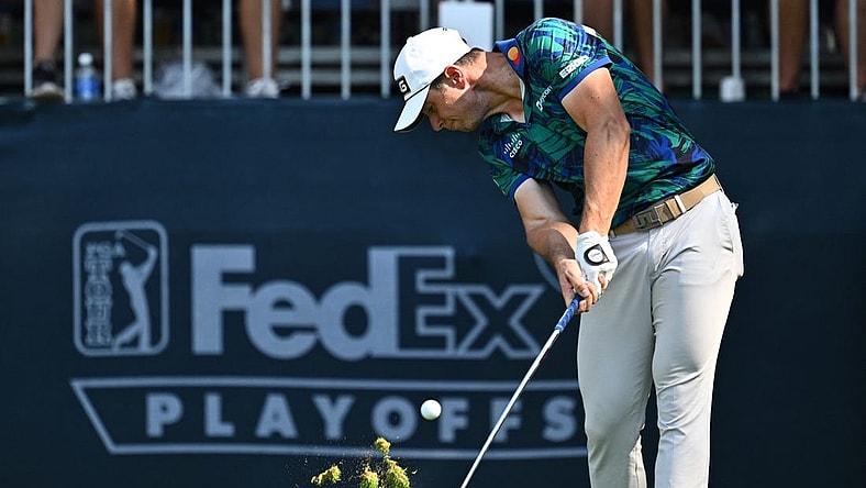 Aug 20, 2023; Olympia Fields, Illinois, USA; Viktor Hovland tees off from the 16th tee during the final round of the BMW Championship golf tournament. Mandatory Credit: Jamie Sabau-USA TODAY Sports