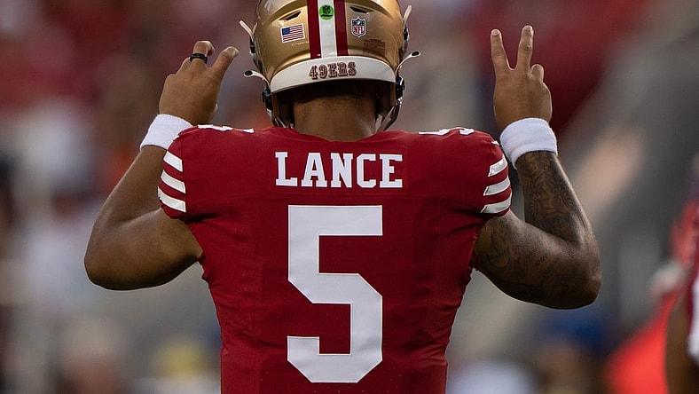 Aug 19, 2023; Santa Clara, California, USA;  San Francisco 49ers quarterback Trey Lance (5) signals during the third quarter against the Denver Broncos at Levi's Stadium. Mandatory Credit: Stan Szeto-USA TODAY Sports