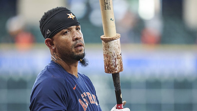 Aug 22, 2023; Houston, Texas, USA; Houston Astros first baseman Jose Abreu looks on before the game against the Boston Red Sox at Minute Maid Park. Mandatory Credit: Troy Taormina-USA TODAY Sports