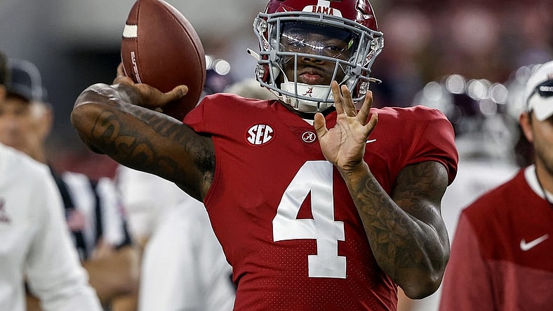 Oct 8, 2022; Tuscaloosa, Alabama, USA; Alabama Crimson Tide quarterback Jalen Milroe (4) warms up before a game against the Texas A&M Aggies at Bryant-Denny Stadium. Mandatory Credit: Butch Dill-USA TODAY Sports
