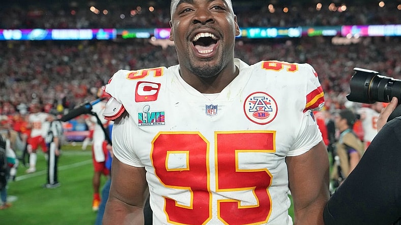 Feb 12, 2023; Glendale, Arizona, US; Kansas City Chiefs defensive tackle Chris Jones (95) celebrates after winning Super Bowl LVII against the Philadelphia Eagles at State Farm Stadium. Mandatory Credit: Kirby Lee-USA TODAY Sports