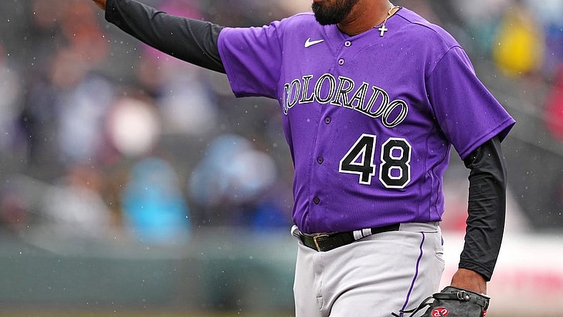 Mar 19, 2023; Summerlin, Nevada, USA; Colorado Rockies starting pitcher German Marquez (48) gestures after closing out the Kansas City Royals in the fourth inning at Las Vegas Ballpark. Mandatory Credit: Stephen R. Sylvanie-USA TODAY Sports