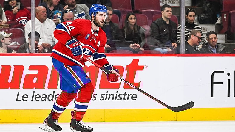 Apr 4, 2023; Montreal, Quebec, CAN; Montreal Canadiens defenseman Joel Edmundson (44) against the Detroit Red Wings during the first period at Bell Centre. Mandatory Credit: David Kirouac-USA TODAY Sports