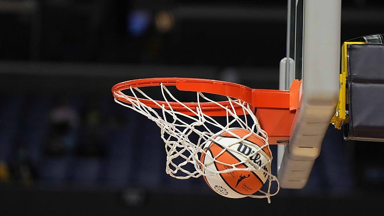 May 25, 2023; Los Angeles, California, USA; Wilson official basketball with WNBA logo goes through the net during the game between the LA Sparks and the Las Vegas Aces at Crypto.com Arena. Mandatory Credit: Kirby Lee-USA TODAY Sports