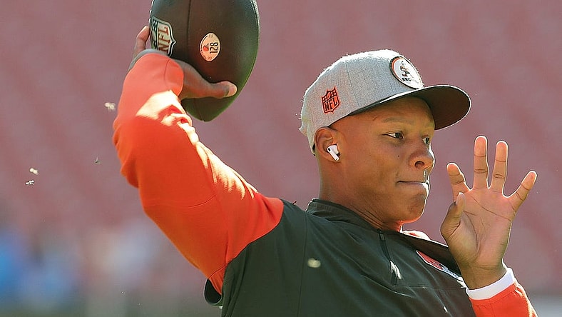 Browns quarterback Josh Dobbs warms up before playing the Los Angeles Chargers on Sunday, Oct. 9, 2022 in Cleveland.