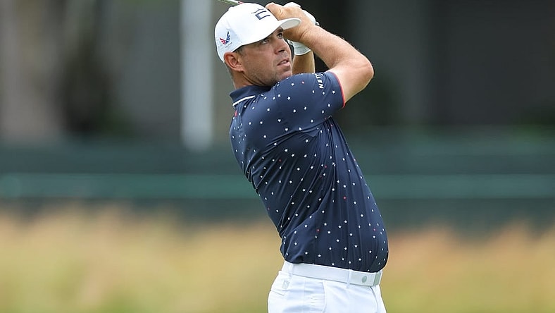 Jun 24, 2023; Cromwell, Connecticut, USA; Gary Woodland plays his shot on the seventh hole during the third round of the Travelers Championship golf tournament. Mandatory Credit: Vincent Carchietta-USA TODAY Sports