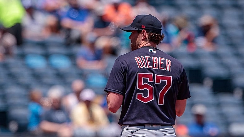 Jun 29, 2023; Kansas City, Missouri, USA; Cleveland Guardians starting pitcher Shane Bieber (57) on the mound during the first inning against the Kansas City Royals at Kauffman Stadium. Mandatory Credit: William Purnell-USA TODAY Sports