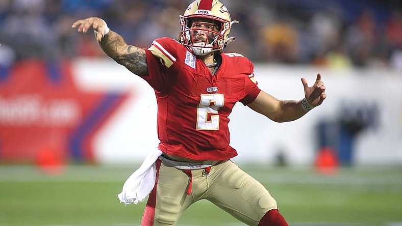 Birmingham Stallions Alex McGough (2) throws downfield during the first half of the USFL Championship game against the Pittsburgh Maulers Saturday evening at Tom Benson Stadium in Canton, OH.