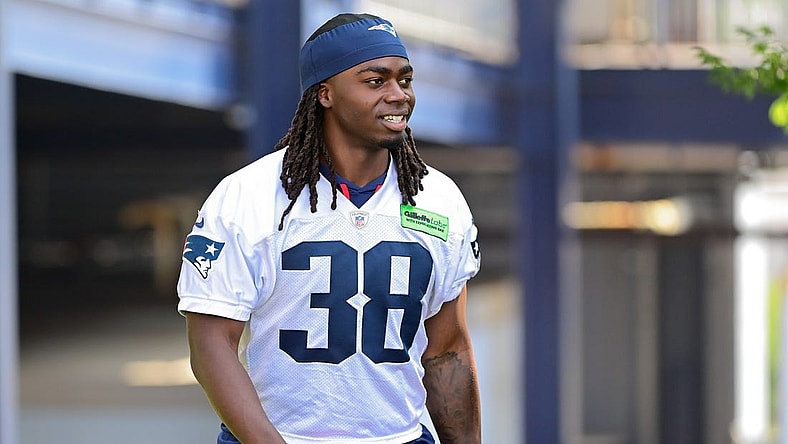 Jul 26, 2023; Foxborough, MA, USA; New England Patriots running back Rhamondre Stevenson (38) makes his way to the practice fields for training camp at Gillette Stadium. Mandatory Credit: Eric Canha-USA TODAY Sports
