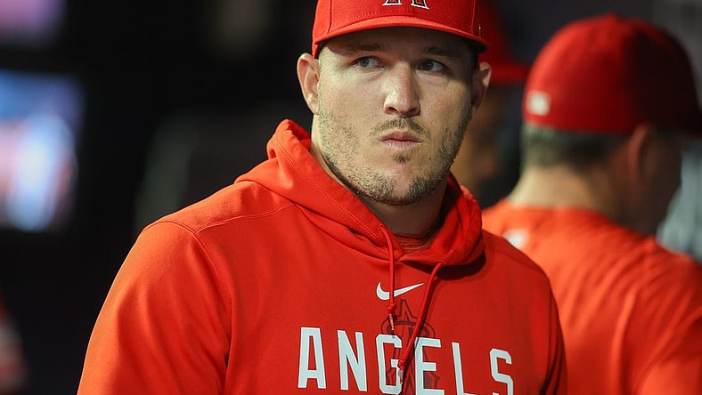 Aug 1, 2023; Atlanta, Georgia, USA; Los Angeles Angels outfielder Mike Trout (27) in the dugout against the Atlanta Braves in the seventh inning at Truist Park. Mandatory Credit: Brett Davis-USA TODAY Sports