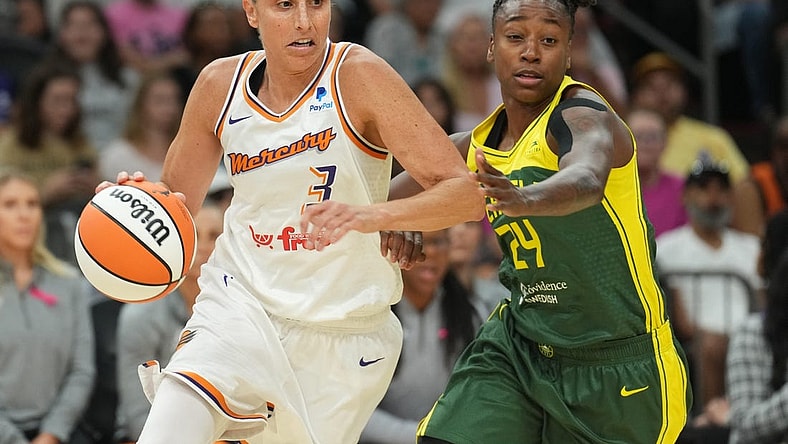 Aug 5, 2023; Phoenix, Arizona, USA; Phoenix Mercury guard Diana Taurasi (3) dribbles against Seattle Storm guard Jewell Loyd (24) during the first half at Footprint Center. Mandatory Credit: Joe Camporeale-USA TODAY Sports