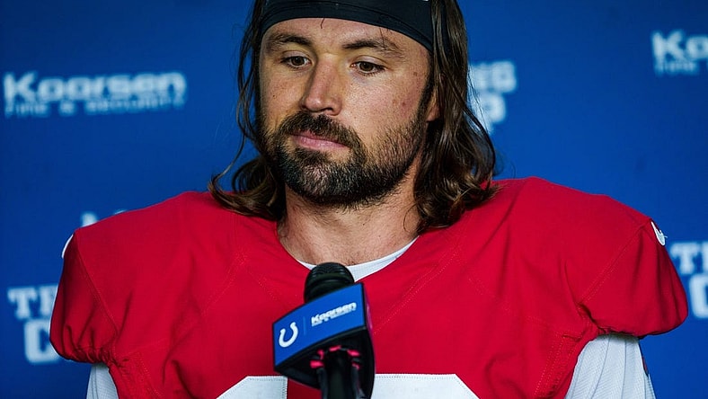 Indianapolis Colts quarterback Gardner Minshew (10) speaks with media Tuesday, Aug. 15, 2023, after fellow quarterback Anthony Richardson was named the starter.