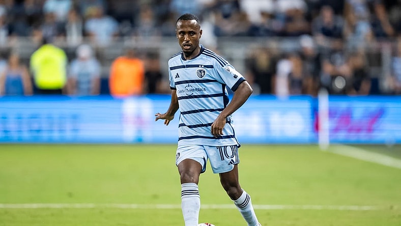 Aug 4, 2023; Kansas City, KS, USA; Sporting Kansas City midfielder Gadi Kinda (10) passes the ball during the second half against Toluca at Children's Mercy Park. Mandatory Credit: Jay Biggerstaff-USA TODAY Sports