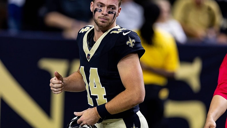Aug 27, 2023; New Orleans, Louisiana, USA;  New Orleans Saints quarterback Jake Haener (14) against the Houston Texans during the first half at the Caesars Superdome. Mandatory Credit: Stephen Lew-USA TODAY Sports