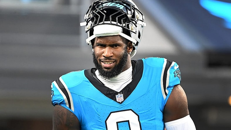 Aug 25, 2023; Charlotte, North Carolina, USA; Carolina Panthers linebacker Brian Burns (0) warms up before the game at Bank of America Stadium. Mandatory Credit: Bob Donnan-USA TODAY Sports