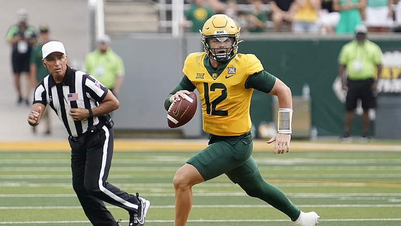 Sep 2, 2023; Waco, Texas, USA; Baylor Bears quarterback Blake Shapen (12) scrambles against the Texas State Bobcats during the first half at McLane Stadium. Mandatory Credit: Raymond Carlin III-USA TODAY Sports
