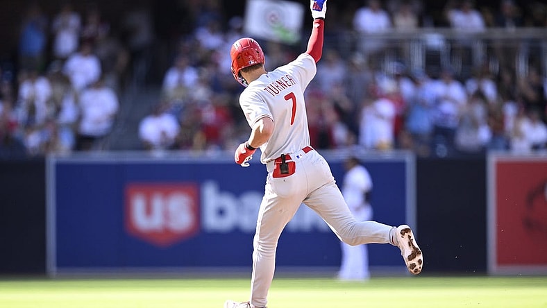 Sep 4, 2023; San Diego, California, USA; Philadelphia Phillies shortstop Trea Turner (7) rounds the bases after hitting a two-run home run against the San Diego Padres during the second inning at Petco Park. Mandatory Credit: Orlando Ramirez-USA TODAY Sports