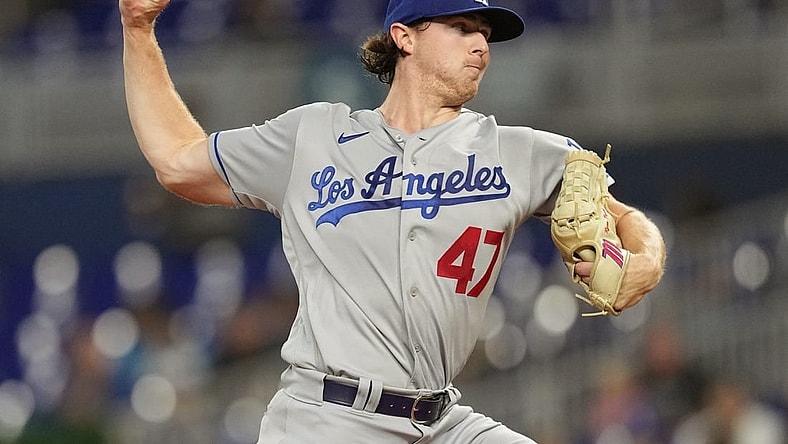Sep 7, 2023; Miami, Florida, USA; Los Angeles Dodgers starting pitcher Ryan Pepiot (47) pitches against the Miami Marlins in the first inning at loanDepot Park. Mandatory Credit: Jim Rassol-USA TODAY Sports