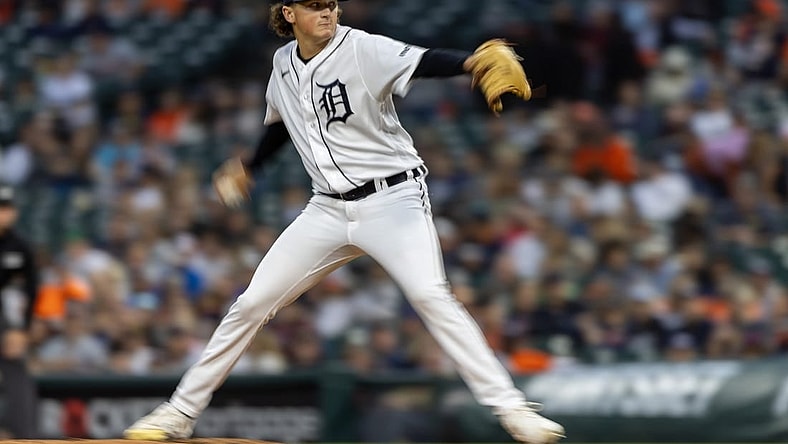 Sep 8, 2023; Detroit, Michigan, USA; Detroit Tigers starting pitcher Reese Olson (45) throws in the fourth inning against the Chicago White Sox at Comerica Park. Mandatory Credit: David Reginek-USA TODAY Sports