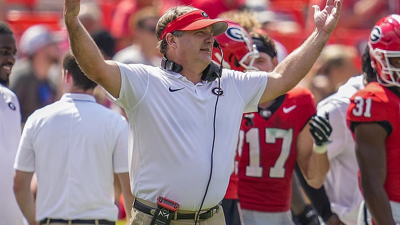 Sep 9, 2023; Athens, Georgia, USA; Georgia Bulldogs head coach Kirby Smart reacts to the game against the Ball State Cardinals during the second half at Sanford Stadium. Mandatory Credit: Dale Zanine-USA TODAY Sports