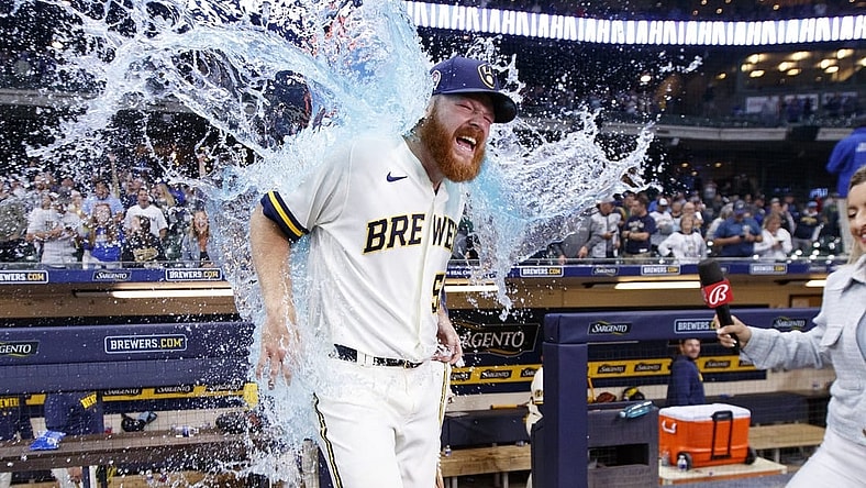 Sep 11, 2023; Milwaukee, Wisconsin, USA;  Milwaukee Brewers pitcher Brandon Woodruff (53) gets dunked with Gatorade following the game against the Miami Marlins at American Family Field. Mandatory Credit: Jeff Hanisch-USA TODAY Sports