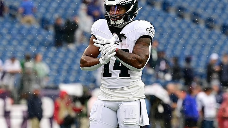 Sep 10, 2023; Foxborough, Massachusetts, USA; Philadelphia Eagles running back Kenneth Gainwell (14) prepares during the warm-up period before a game against the New England Patriots at Gillette Stadium. Mandatory Credit: Eric Canha-USA TODAY Sports