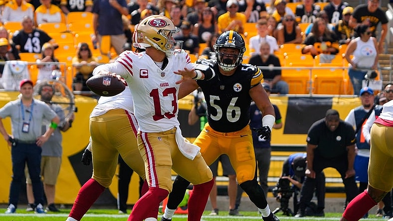 Sep 10, 2023; Pittsburgh, Pennsylvania, USA; San Francisco 49ers quarterback Brock Purdy (13) throws the ball against the Pittsburgh Steelers during the second half at Acrisure Stadium. Mandatory Credit: Gregory Fisher-USA TODAY Sports