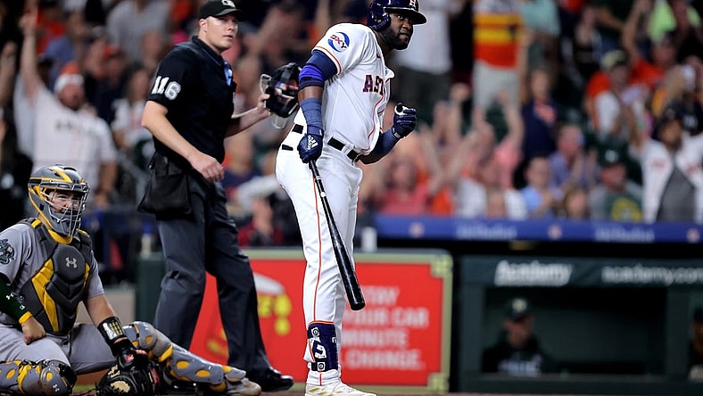 Sep 13, 2023; Houston, Texas, USA; Houston Astros left fielder Yordan Alvarez (44) reacts after hitting a three-run home run to right field against the Oakland Athletics during the third inning at Minute Maid Park. Mandatory Credit: Erik Williams-USA TODAY Sports