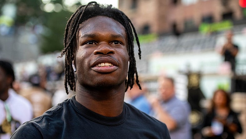 CU football's sophomore athlete Travis Hunter is all smiles before the Rocky Mountain Showdown on Sept. 16, 2023 at Folsom Field in Boulder, Colo.