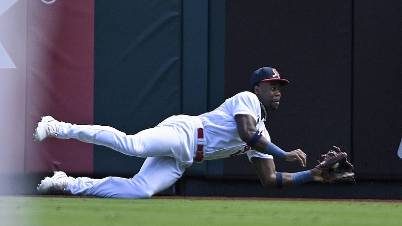 Sep 17, 2023; St. Louis, Missouri, USA;  St. Louis Cardinals right fielder Jordan Walker (18) dives and catches a line drive against the Philadelphia Phillies during the first inning at Busch Stadium. Mandatory Credit: Jeff Curry-USA TODAY Sports