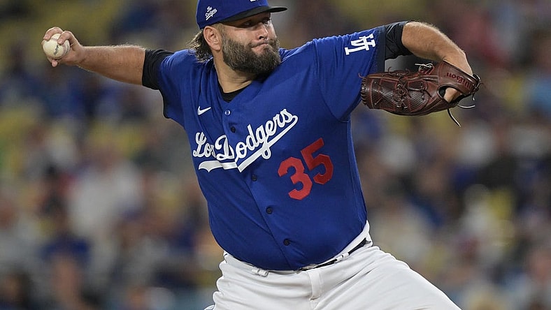 Sep 18, 2023; Los Angeles, California, USA;  Los Angeles Dodgers starting pitcher Lance Lynn (35) delivers in the first inning against the Detroit Tigers at Dodger Stadium. Mandatory Credit: Jayne Kamin-Oncea-USA TODAY Sports