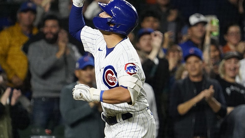Sep 19, 2023; Chicago, Illinois, USA; Chicago Cubs right fielder Seiya Suzuki (27) gestures after hitting a home run against the Pittsburgh Pirates during the third inning at Wrigley Field. Mandatory Credit: David Banks-USA TODAY Sports