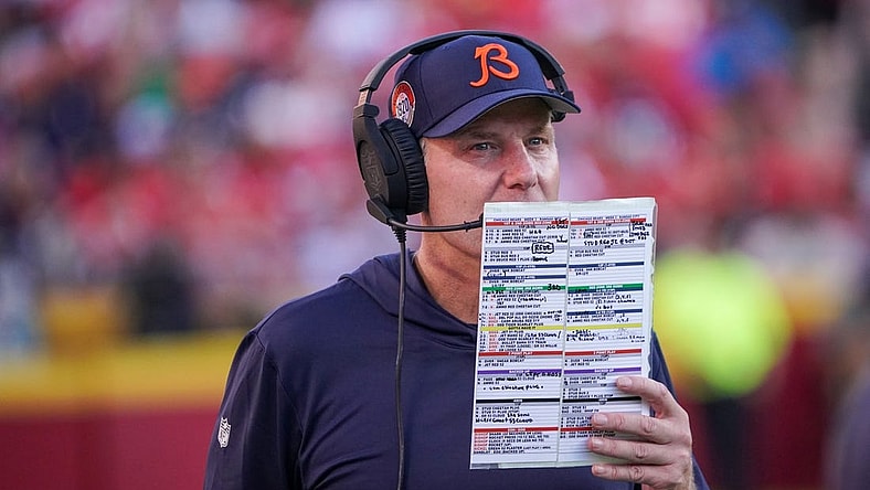 Sep 24, 2023; Kansas City, Missouri, USA; Chicago Bears head coach Matt Eberflus watches play against the Kansas City Chiefs during the second half at GEHA Field at Arrowhead Stadium. Mandatory Credit: Denny Medley-USA TODAY Sports