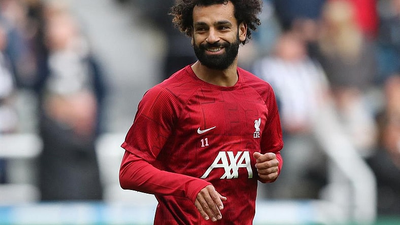 Liverpool's Mohamed Salah in warmups before a match on Aug. 27, 2023