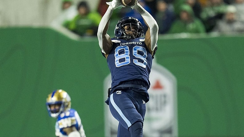 Nov 20, 2022; Regina, Saskatchewan, CAN; Toronto Argonauts receiver Cam Phillips (89) makes a reception against the Winnipeg Blue Bombers in the second half. The Argonauts defeated the Blue Bombers to win the 2022 Grey Cup Championship at Mosaic Stadium. Toronto won 24-23. Mandatory Credit: Bob Frid-USA TODAY Sports