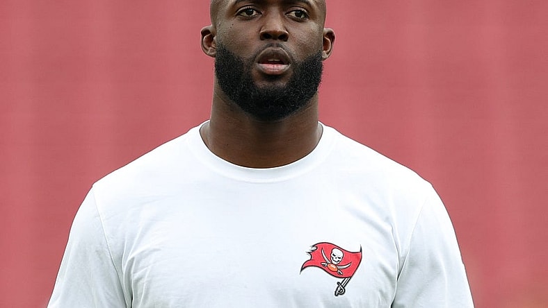 Jan 1, 2023; Tampa, Florida, USA;  Tampa Bay Buccaneers running back Leonard Fournette (7) warms up before a game against the Carolina Panthers at Raymond James Stadium. Mandatory Credit: Nathan Ray Seebeck-USA TODAY Sports