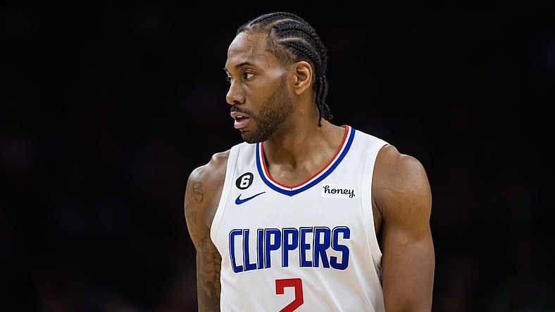 Apr 9, 2023; Phoenix, Arizona, USA; Los Angeles Clippers forward Kawhi Leonard (2) against the Phoenix Suns at Footprint Center. Mandatory Credit: Mark J. Rebilas-USA TODAY Sports