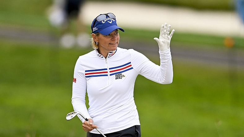 Jul 6, 2023; Pebble Beach, California, USA; Annika Sorenstam reacts after her bunker shot on the 13th hole during the first round of the U.S. Women's Open golf tournament at Pebble Beach Golf Links. Mandatory Credit: Kelvin Kuo-USA TODAY Sports
